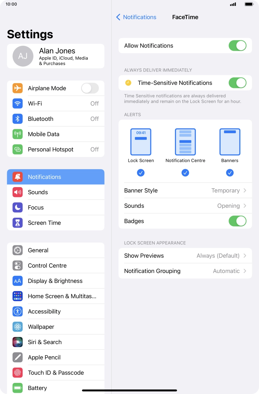 Press the indicator next to 'Allow Notifications' to turn notifications for the selected application on or off.