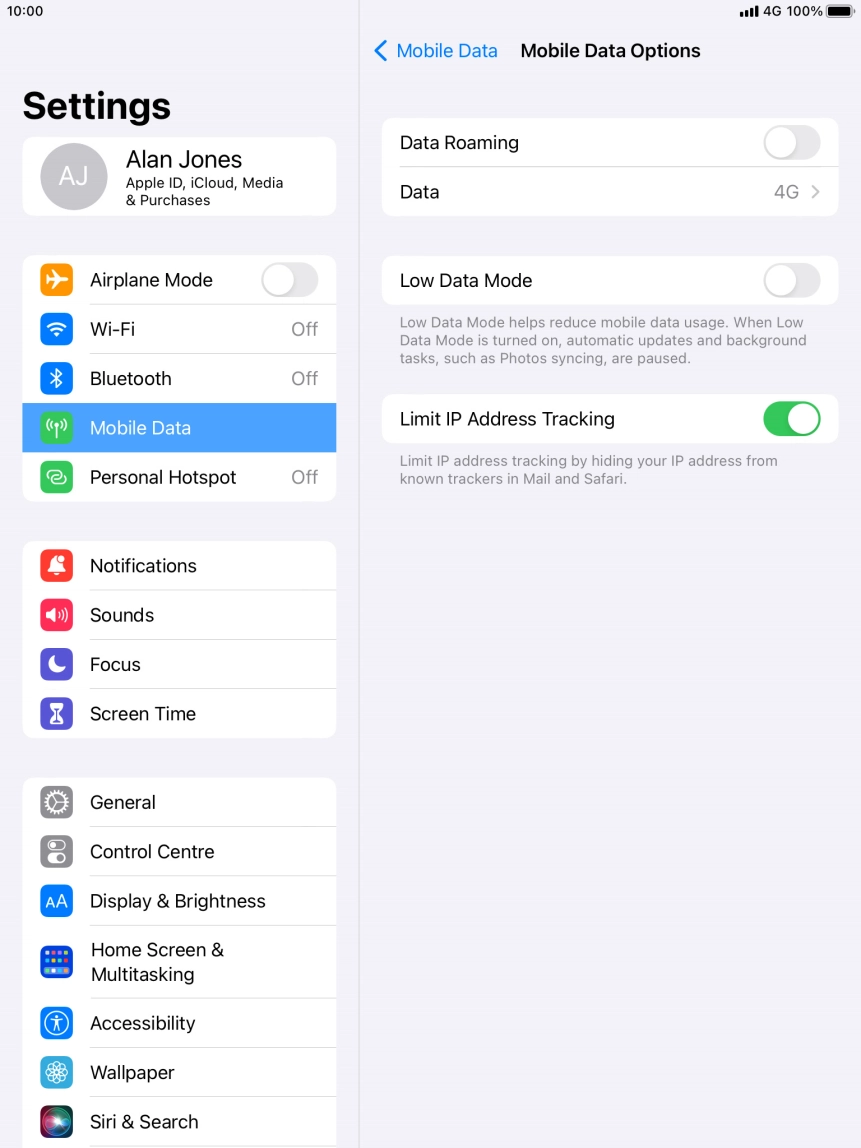 Press the indicator next to 'Low Data Mode' to turn the function on or off.