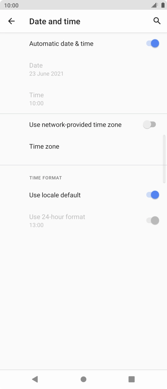Press the indicator next to 'Use network-provided time zone' to turn on the function.