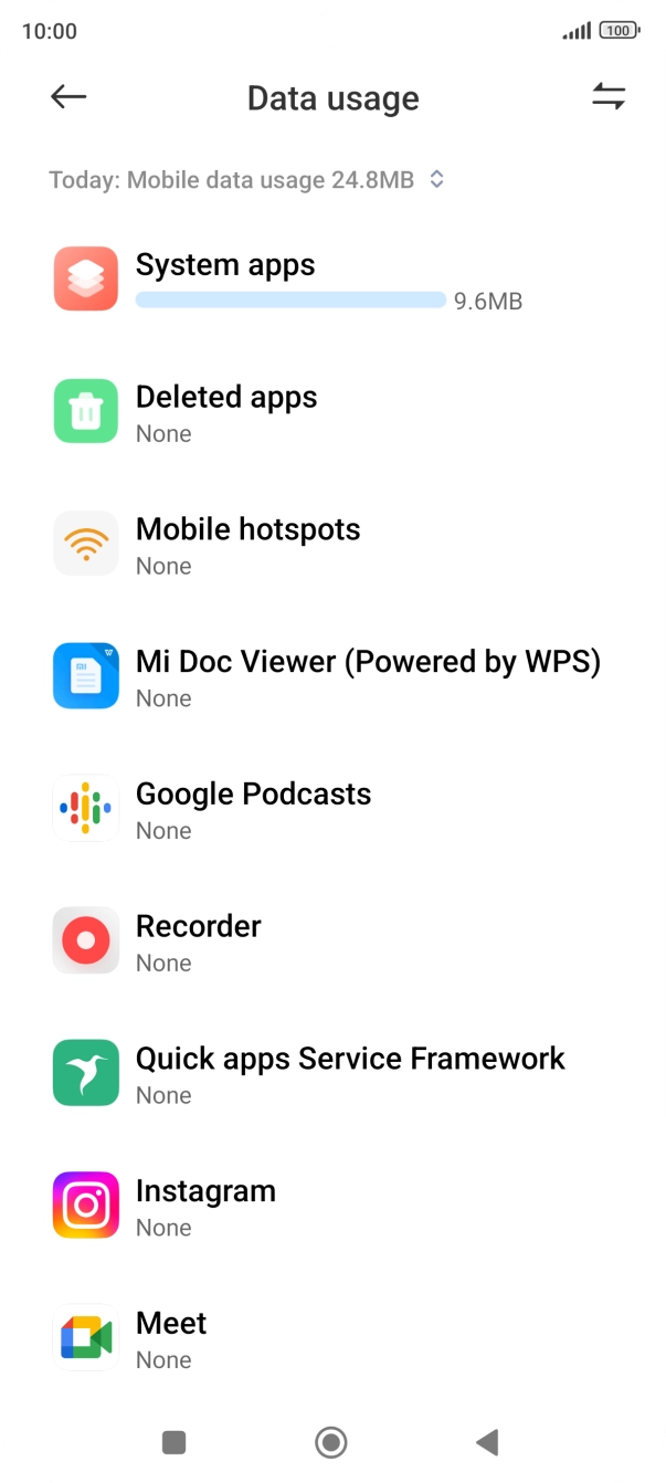 The data usage for each application is displayed below the name of the application.