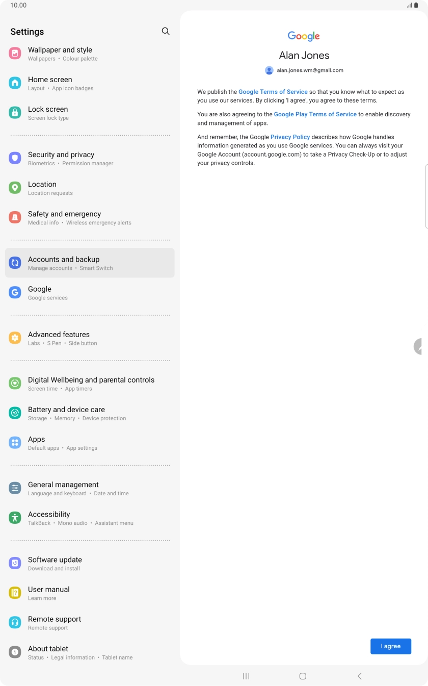 Press I agree and follow the instructions on the screen to select settings for your Google account.