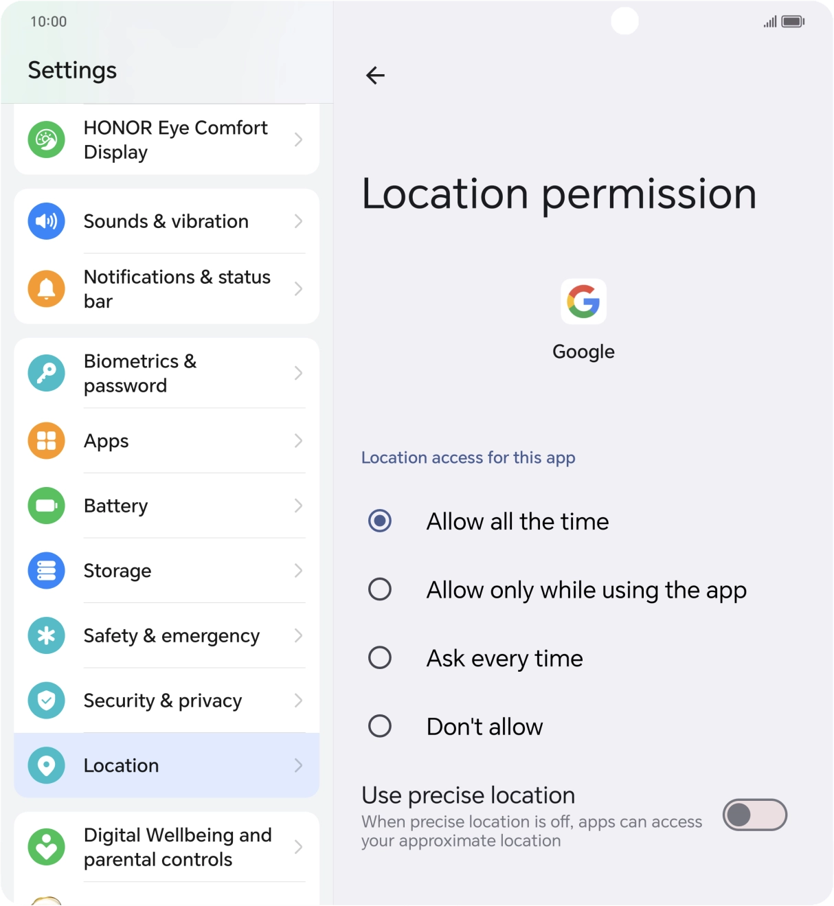 Press the required setting.