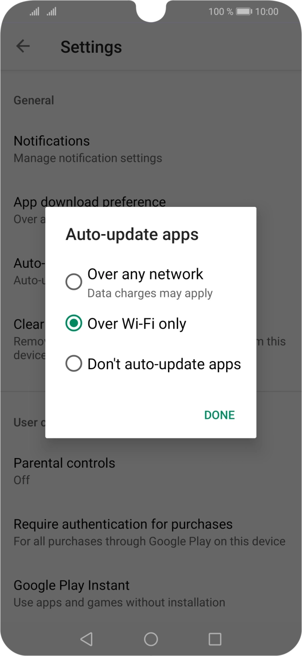 To turn on automatic update of apps using mobile network, press Over any network.