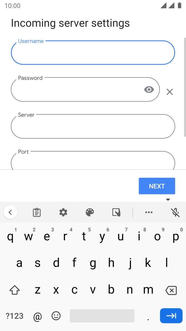 Press the field below 'Server' and key in the name of your email provider's incoming server. Press the field below 'Server' and key in the name of your email provider's incoming server.