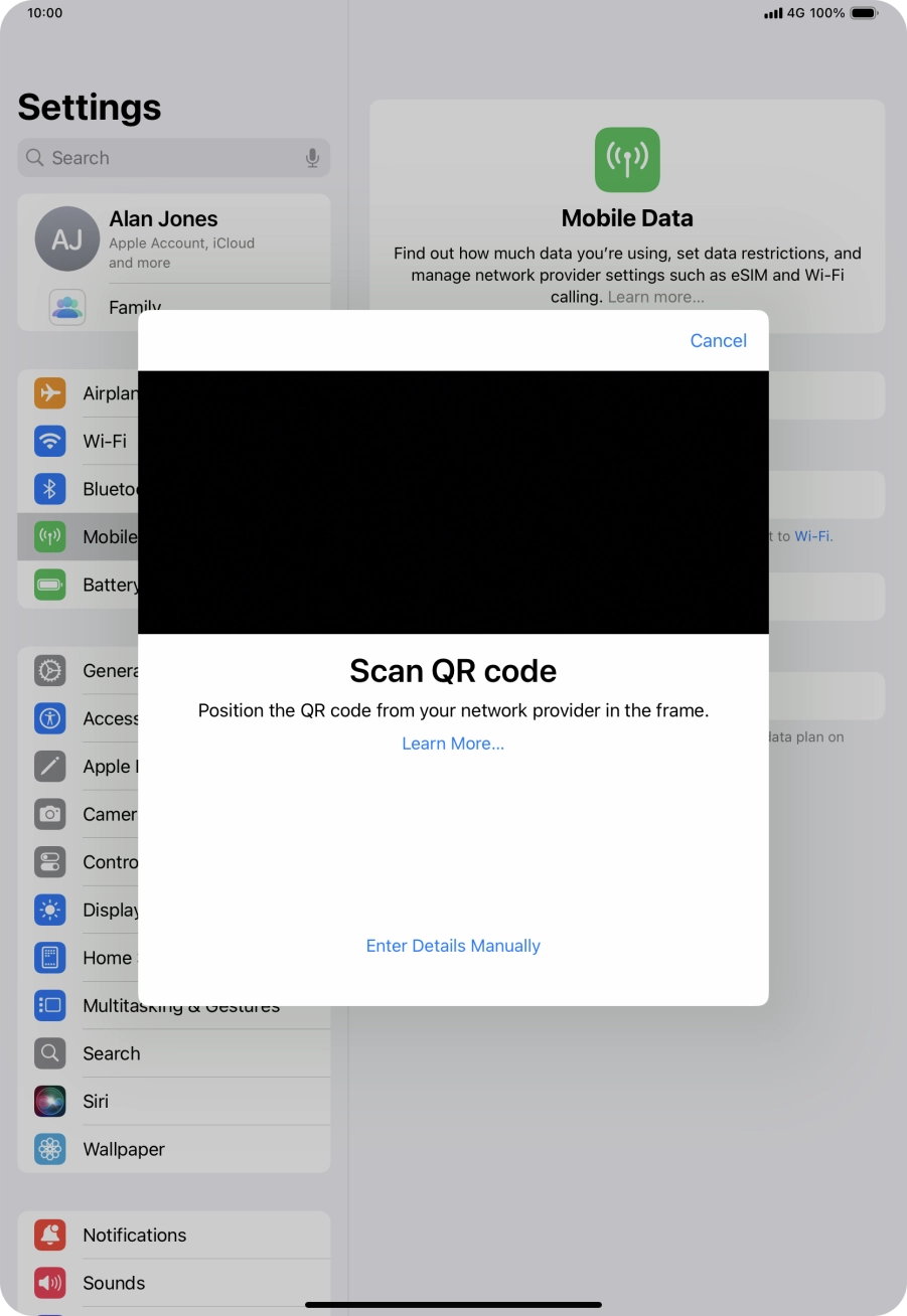 Place the QR code you've received inside the tablet camera frame to scan the code.