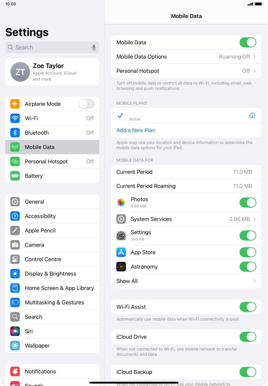 Press the indicator next to 'Mobile Data' to turn the function on or off.