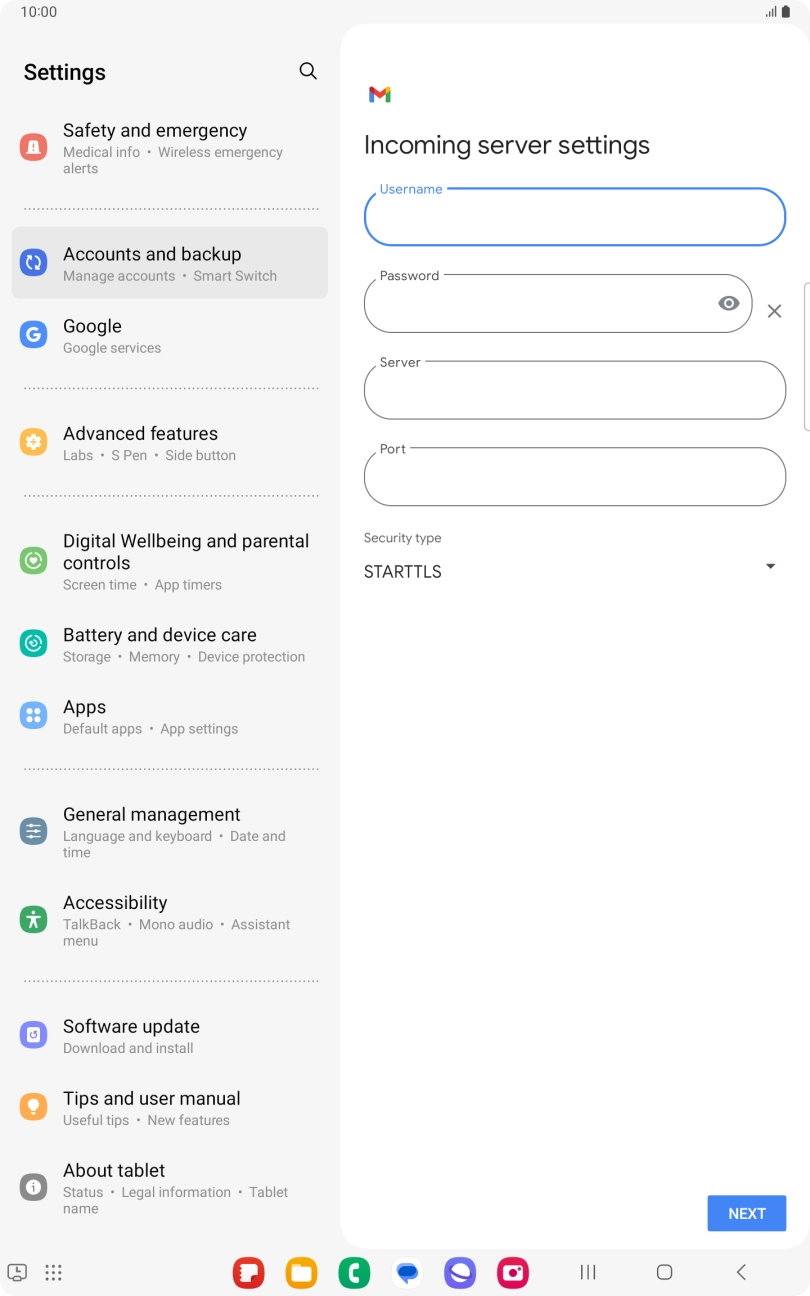 Press the field below 'Server' and key in the name of your email provider's incoming server. Press the field below 'Server' and key in the name of your email provider's incoming server.