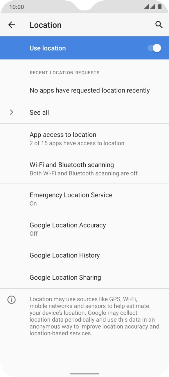 Press Google Location Accuracy. Press Google Location Accuracy.