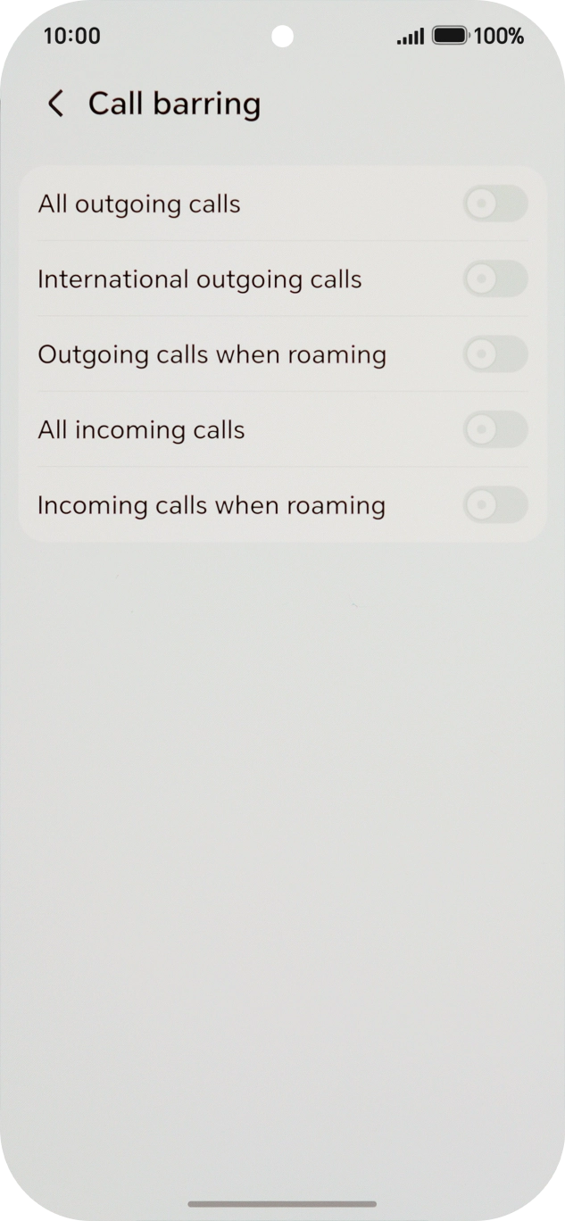 Press the indicator next to the required barring type to turn the function on or off.
