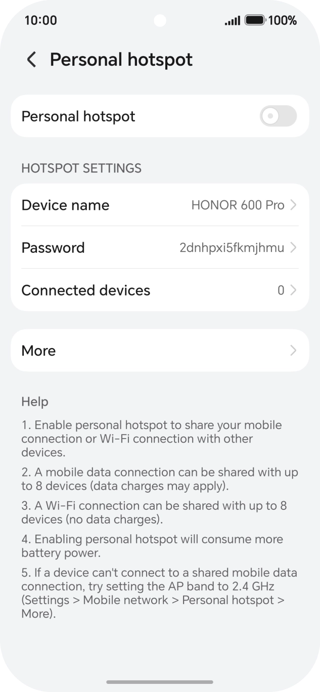 Press Device name and key in the required name for the WiFi hotspot. Press Device name and key in the required name for the WiFi hotspot.