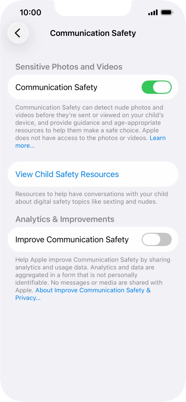 Press the indicator next to 'Communication Safety' to turn the function on or off. Press the indicator next to 'Communication Safety' to turn the function on or off.