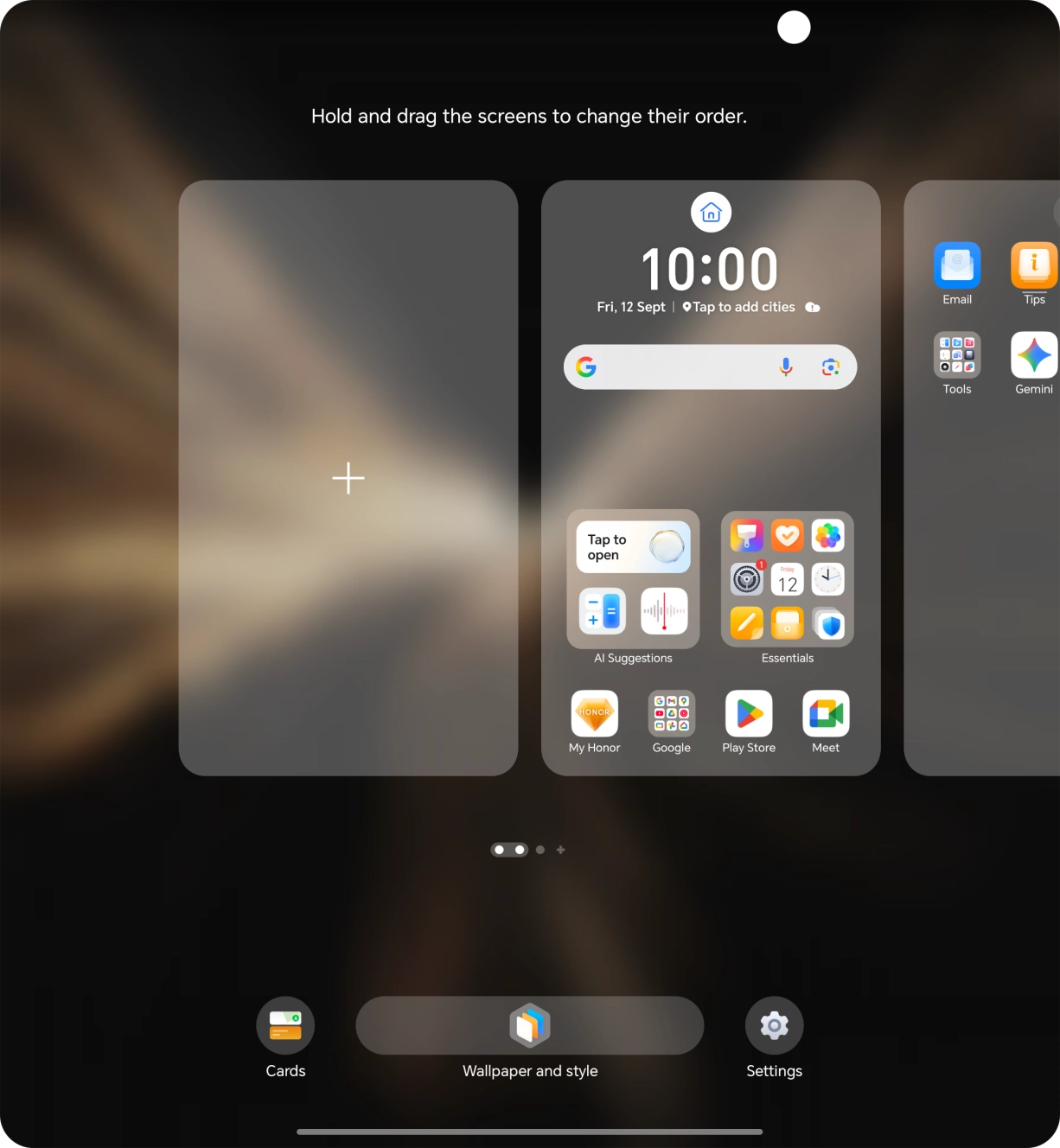 Press the add icon to add a home screen page.