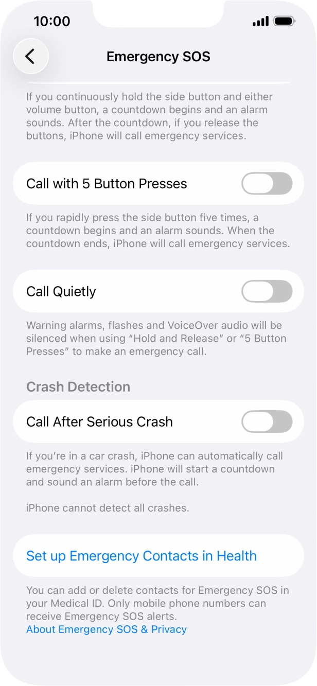 Press the indicator next to 'Call After Serious Crash' to turn on the function.