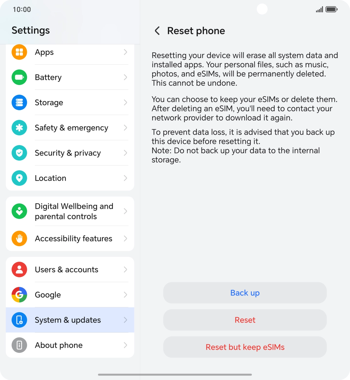 Press Reset. Wait a moment while the factory settings are restored. Follow the instructions on the screen to set up your phone and prepare it for use.
