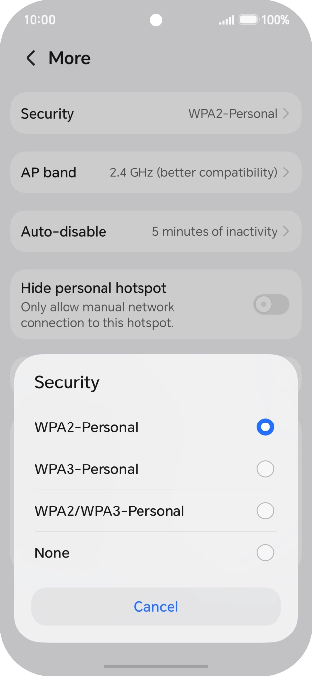 Press WPA3-Personal to password protect your WiFi hotspot. Press WPA3-Personal to password protect your WiFi hotspot.
