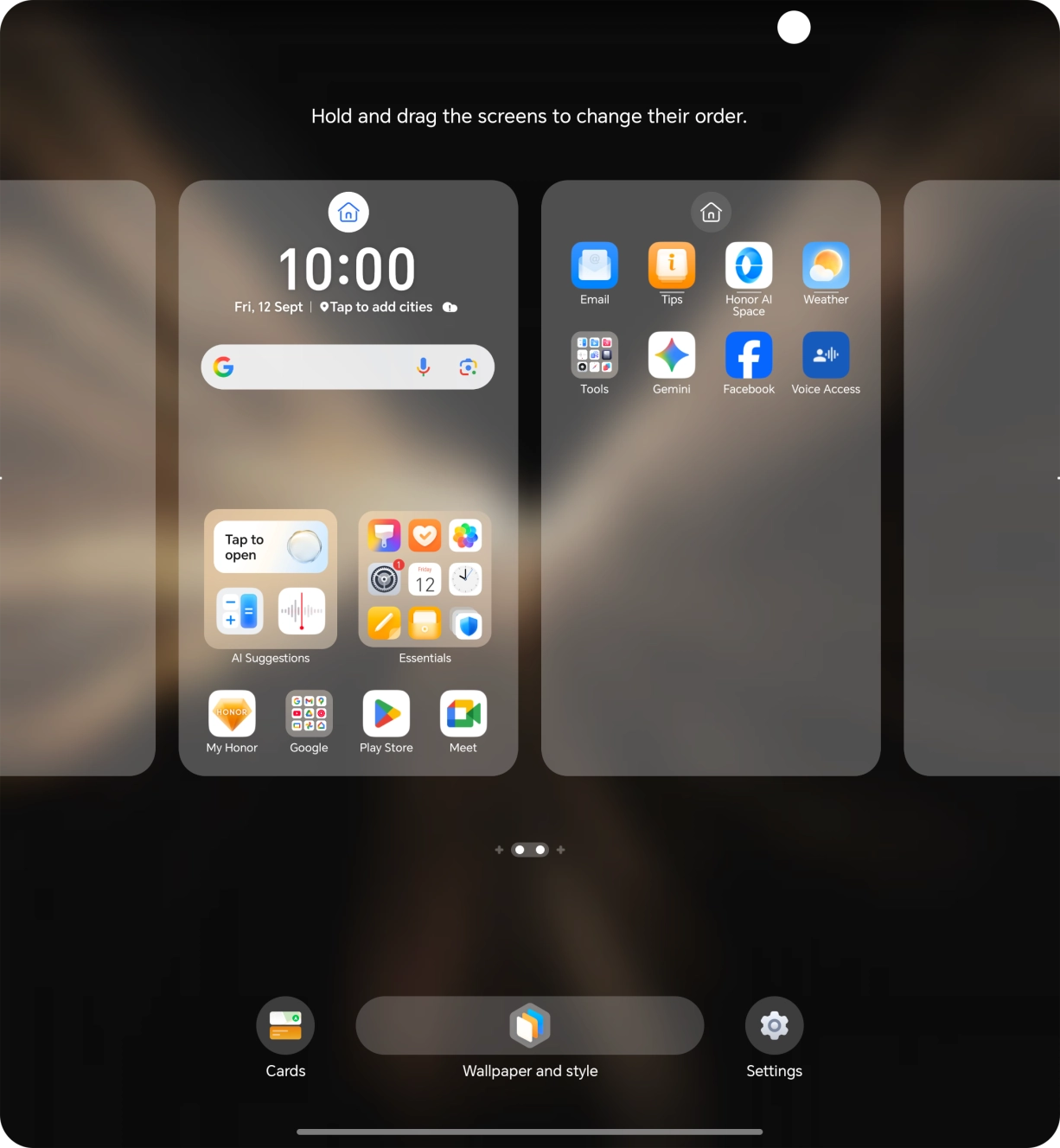 Press the required setting and follow the instructions on the screen to personalise the appearance of the home screen.