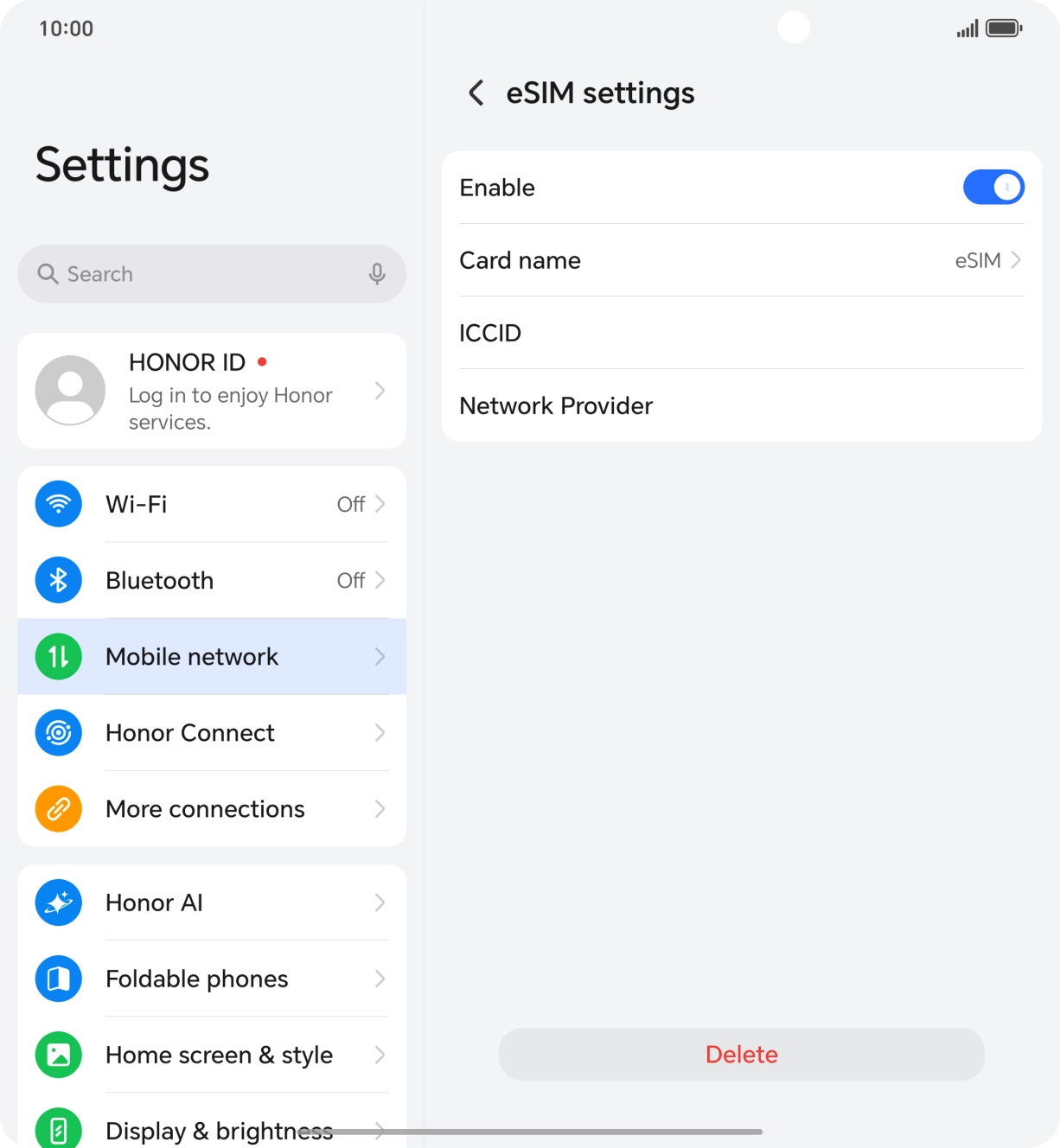 Press the indicator next to 'Enable' to turn use of the sim on or off.
