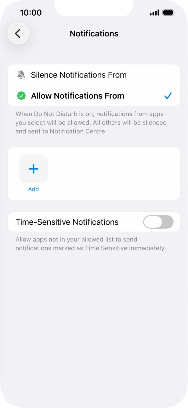 Press the indicator next to 'Time-Sensitive Notifications' to turn display of timed notifications on or off when Do Not Disturb is turned on. Press the indicator next to 'Time-Sensitive Notifications' to turn display of timed notifications on or off when Do Not Disturb is turned on.