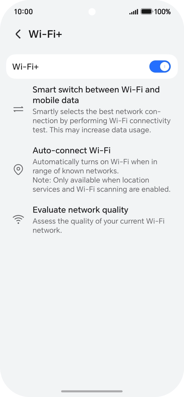 Press the indicator next to 'Wi-Fi+' to turn the function on or off. Press the indicator next to 'Wi-Fi+' to turn the function on or off.