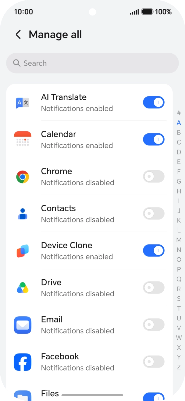 Press the indicators next to the required apps to turn the function on or off.