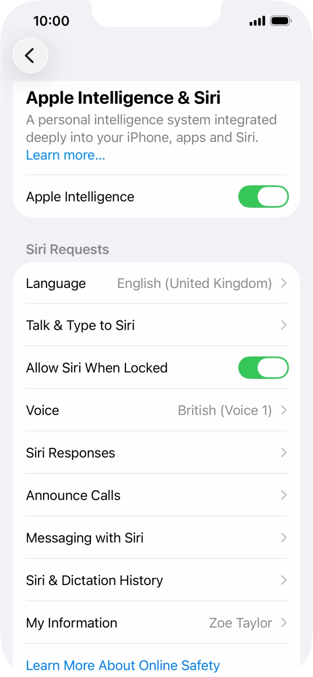 Press the indicator next to 'Allow Siri When Locked' to turn the function on or off. Press the indicator next to 'Allow Siri When Locked' to turn the function on or off.