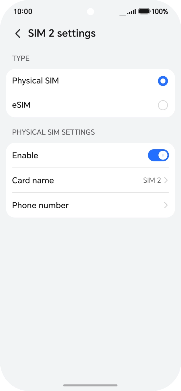 Press the indicator next to 'Enable' to turn use of the sim on or off.