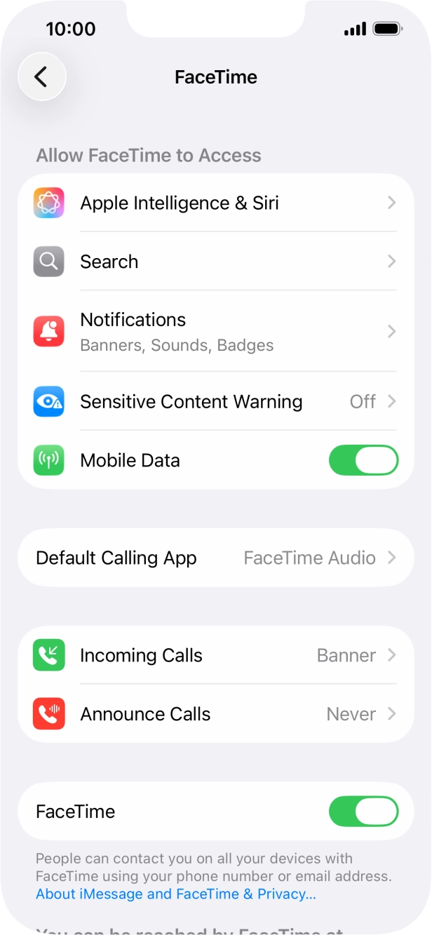 Press the indicator next to 'FaceTime' to turn the function on or off. Press the indicator next to 'FaceTime' to turn the function on or off.