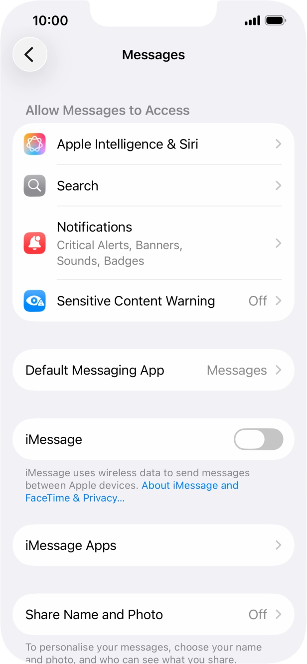 Press the indicator next to 'iMessage' to turn on the function.