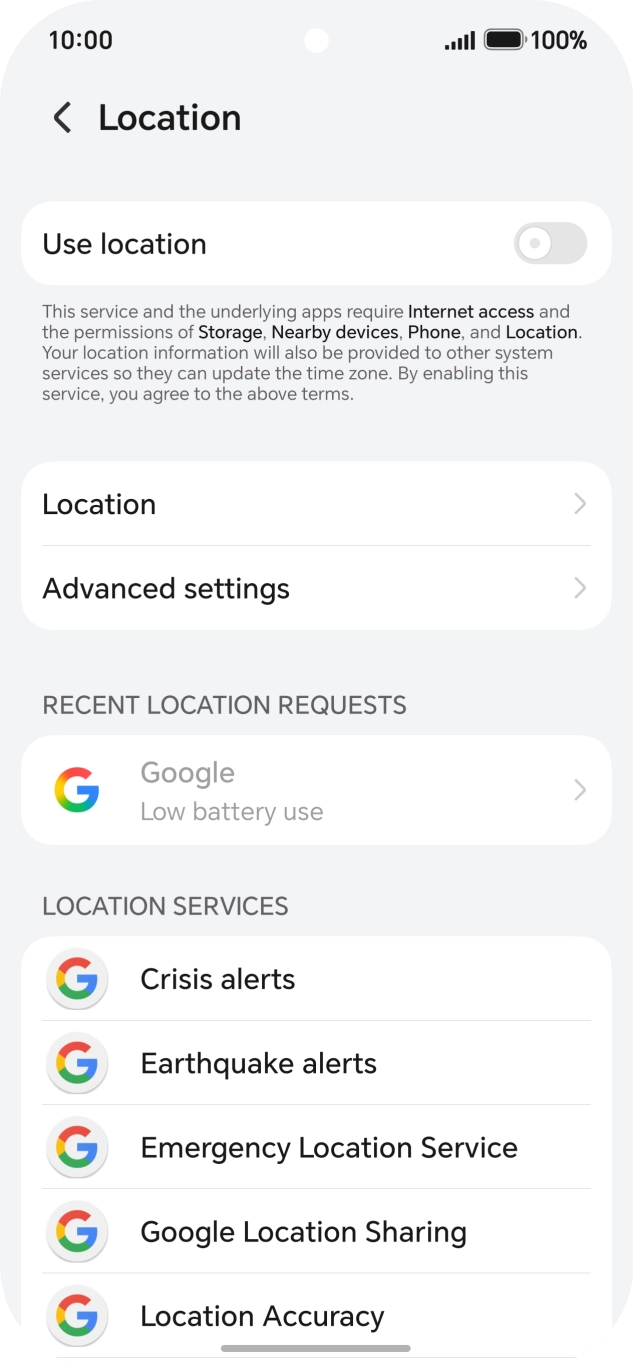 Press the indicator next to 'Use location' to turn the function on or off.