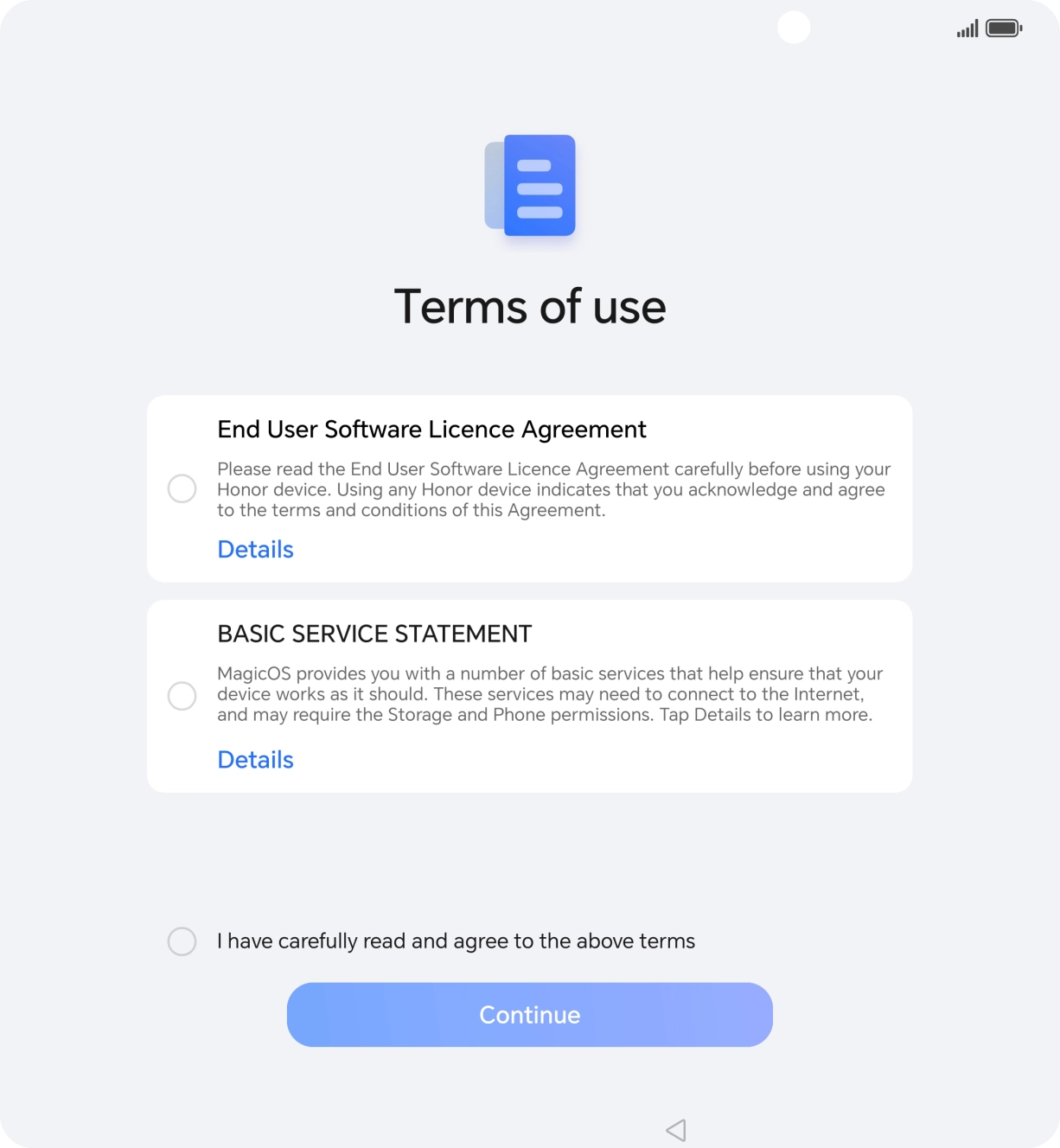 Press the field to accept the license agreement.