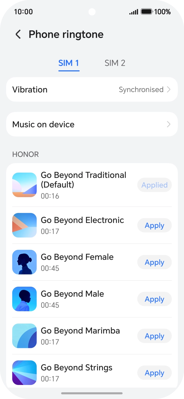 Press Apply next to the required ringtones to hear them.