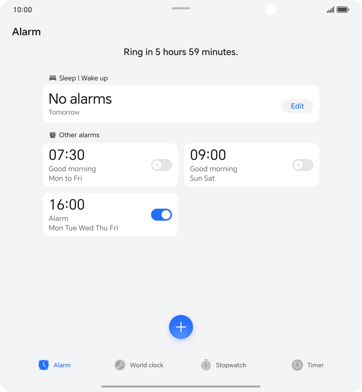 Press the indicator next to the required alarm to turn the alarm on or off.