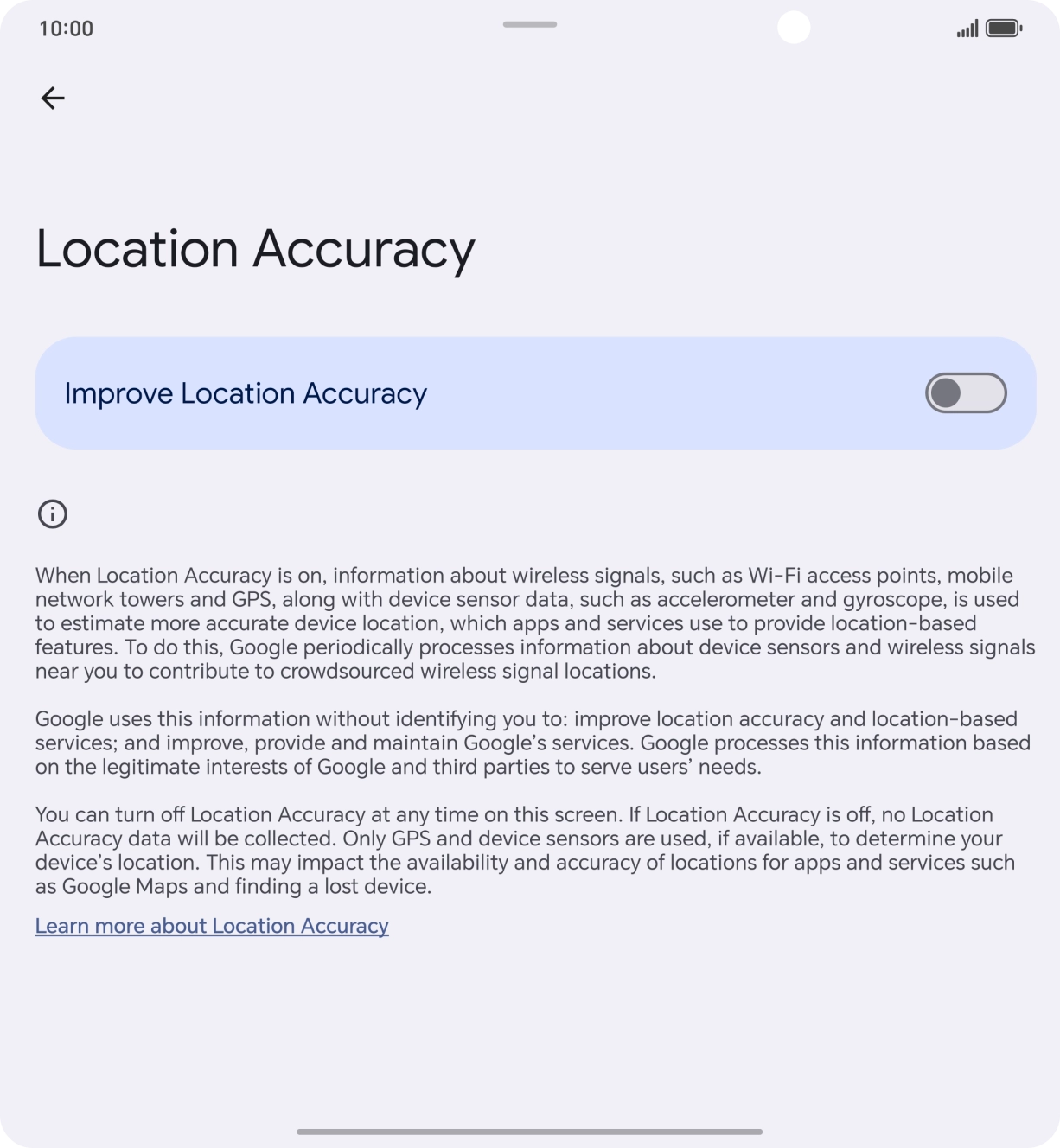 If you press the indicator next to 'Improve Location Accuracy' to turn on the function, your phone can find your exact position using the GPS satellites, the mobile network and nearby WiFi networks. Satellite-based GPS requires a clear view of the sky.