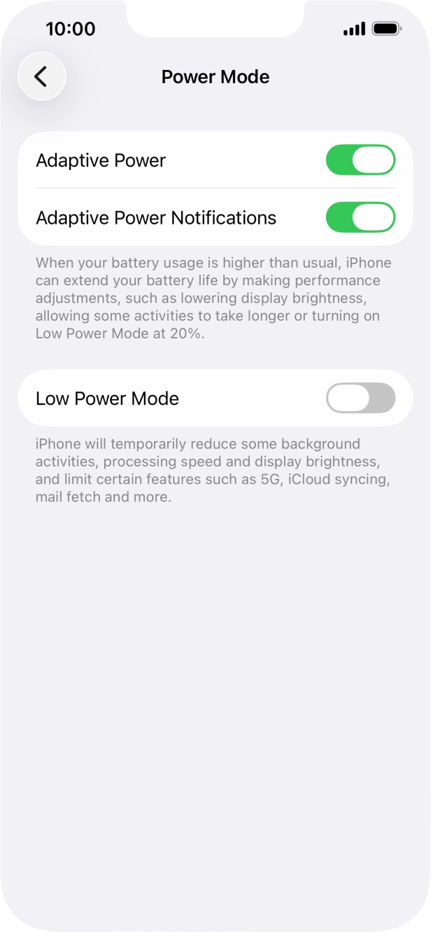 Press the indicator next to 'Low Power Mode' to turn on the function.