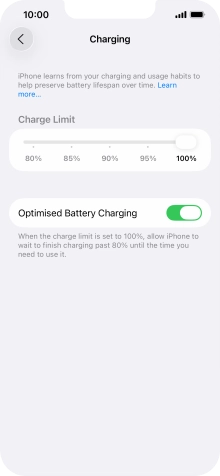 Press the indicator next to 'Optimised Battery Charging' to turn the function on or off.