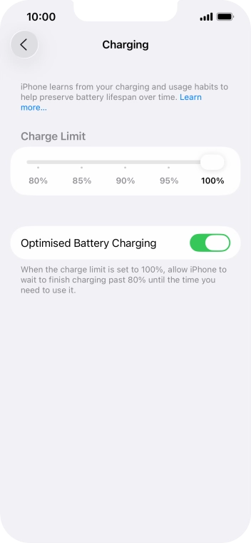 Press the indicator next to 'Optimised Battery Charging' to turn the function on or off.