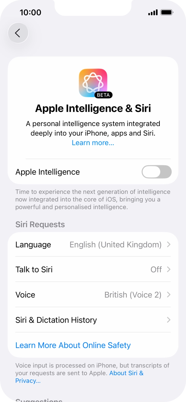 Press the indicator next to 'Apple Intelligence' and follow the instructions on the screen to finish the activation.