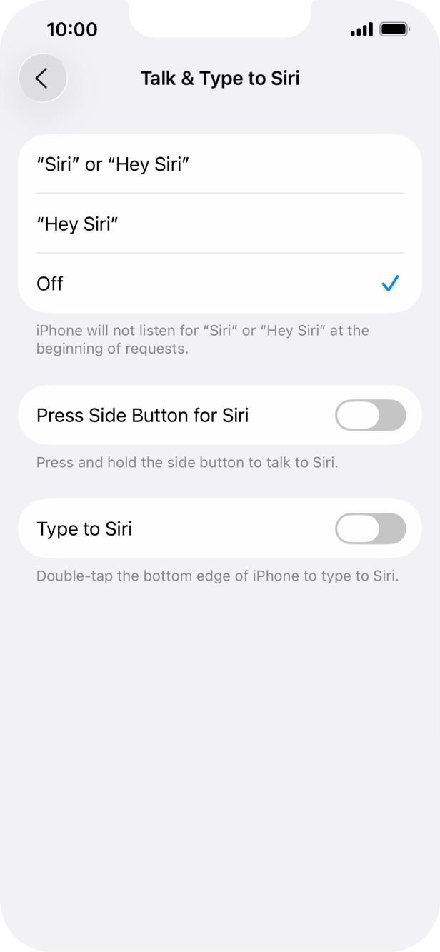 Press the indicator next to 'Press Side Button for Siri' to turn on the function. Press the indicator next to 'Press Side Button for Siri' to turn on the function.