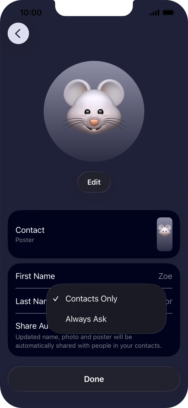 Press the required setting.