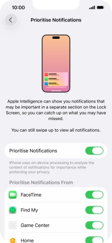 Press the indicator next to 'Prioritise Notifications' to turn the function on or off.