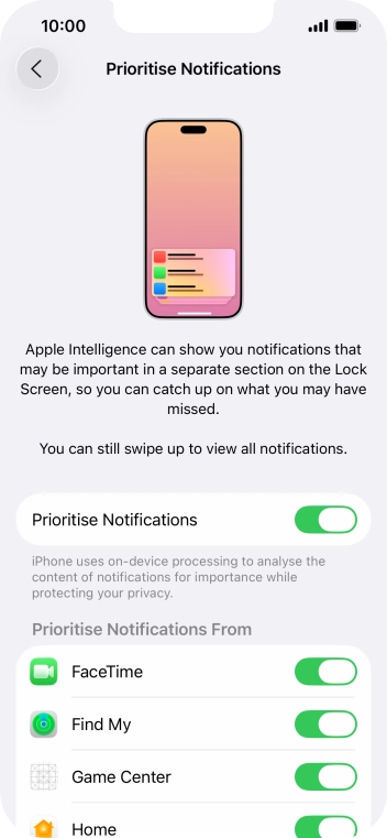 Press the indicator next to 'Prioritise Notifications' to turn the function on or off.