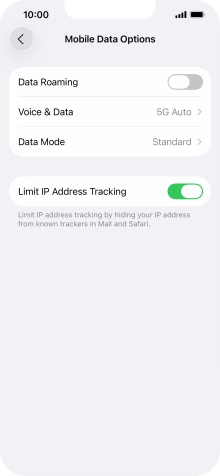 Press the indicator next to 'Data Roaming' to turn the function on or off.
