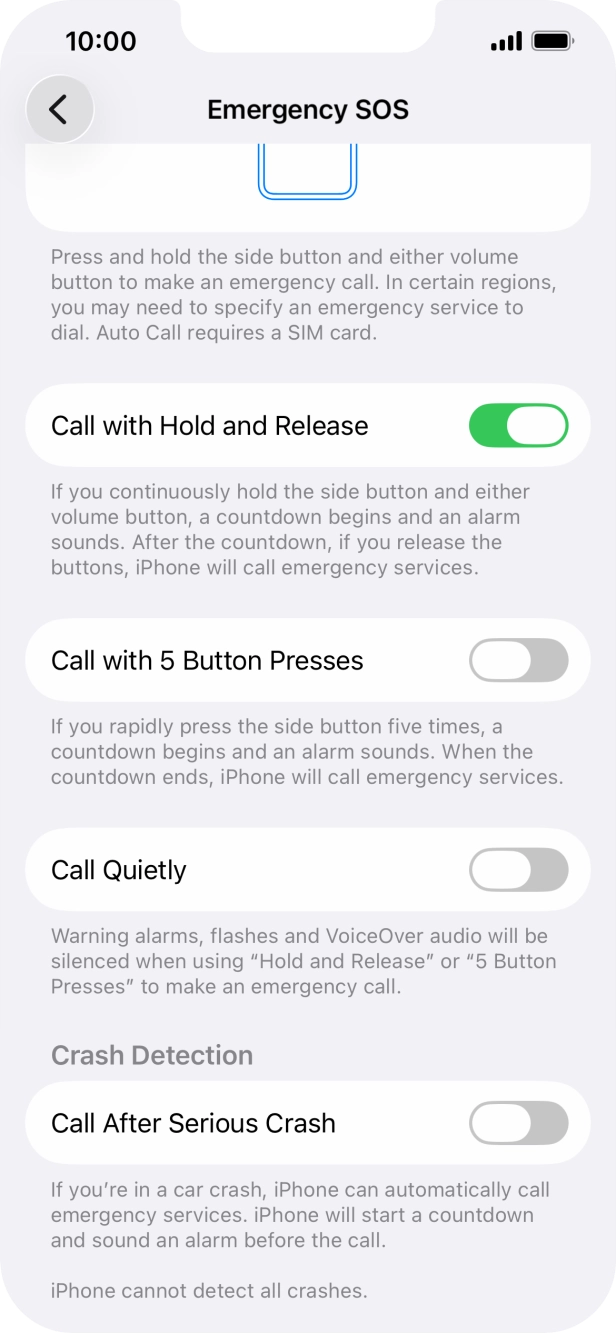 Press the indicator next to 'Call After Serious Crash' to turn on the function.