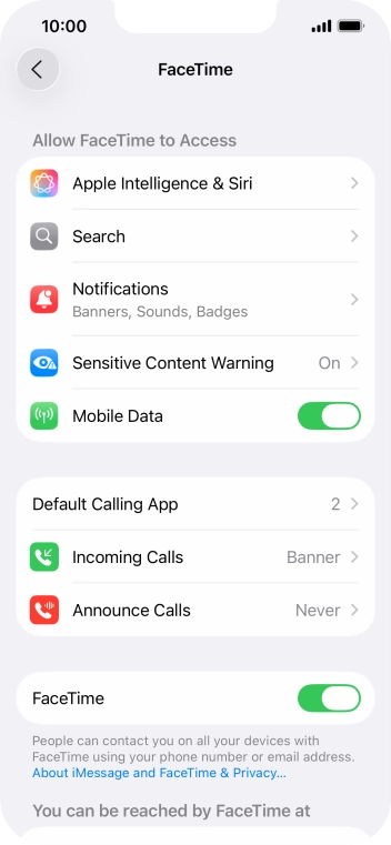 Press the indicator next to 'FaceTime' to turn the function on or off.