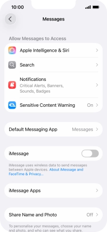 Press the indicator next to 'iMessage' to turn on the function.