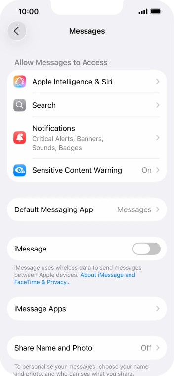 Press the indicator next to 'iMessage' to turn on the function.
