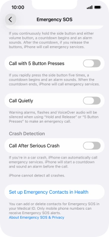 Press the indicator next to 'Call After Serious Crash' to turn on the function.
