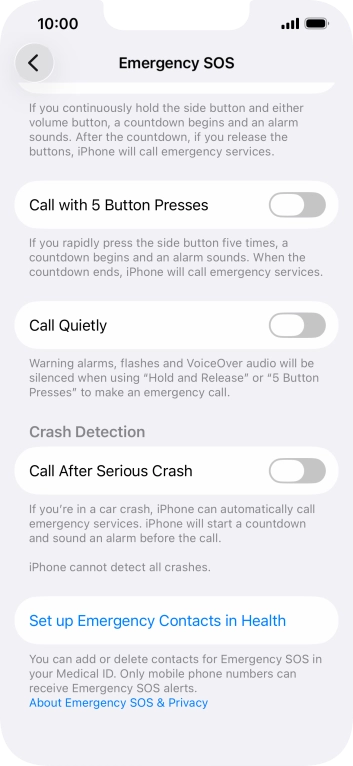 Press the indicator next to 'Call After Serious Crash' to turn on the function.