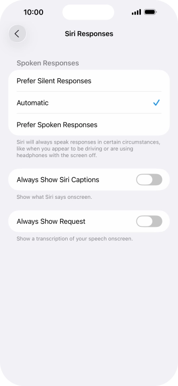 Press the required setting.