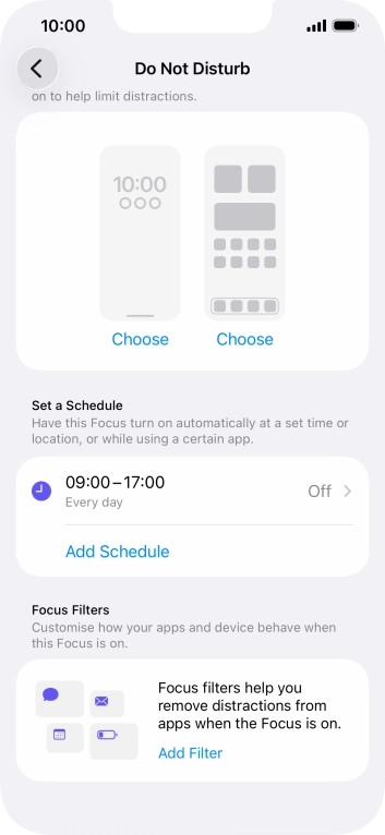 Press Add Schedule and follow the instructions on the screen to select settings for automatic activation of Do Not Disturb. Press Add Schedule and follow the instructions on the screen to select settings for automatic activation of Do Not Disturb.